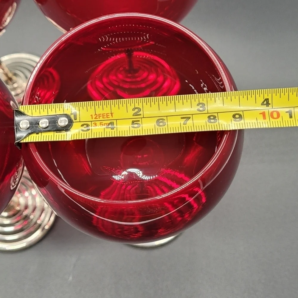 Ruby Red Glass Balloon Wine Glasses Silver Metal Stem Stepped Foot Set of 3 Vtg‍